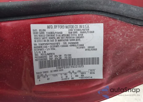 2000 Ford Taurus Ses из США, поврежденный, VIN 1FAFP55U1YG231075